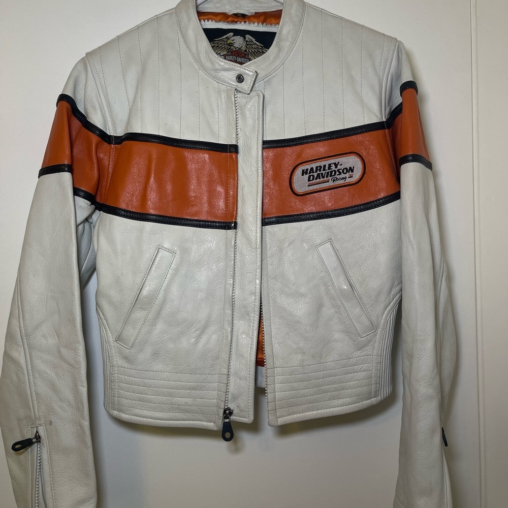 Vintage Harley-Davidson White and Orange Leather Jacket